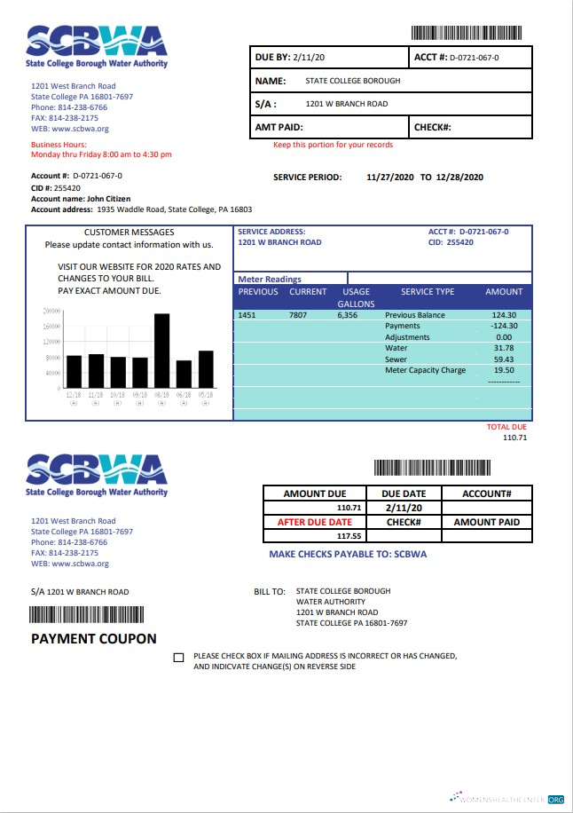 download USA Pennsylvania SCBWA water utility bill template in Word and PDF format PDF template